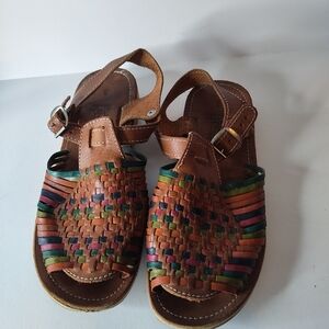 Vintage Mexican Leather Huarache Sandals – Multicolor Woven Flats